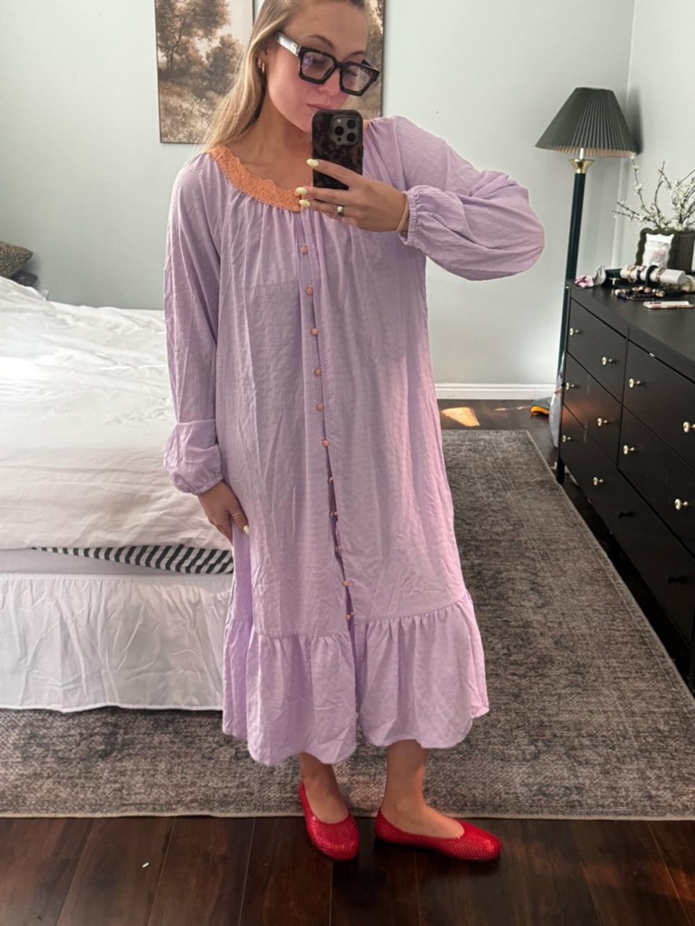 Dressed in LALA Lavender Midi Dress with Orange Trim